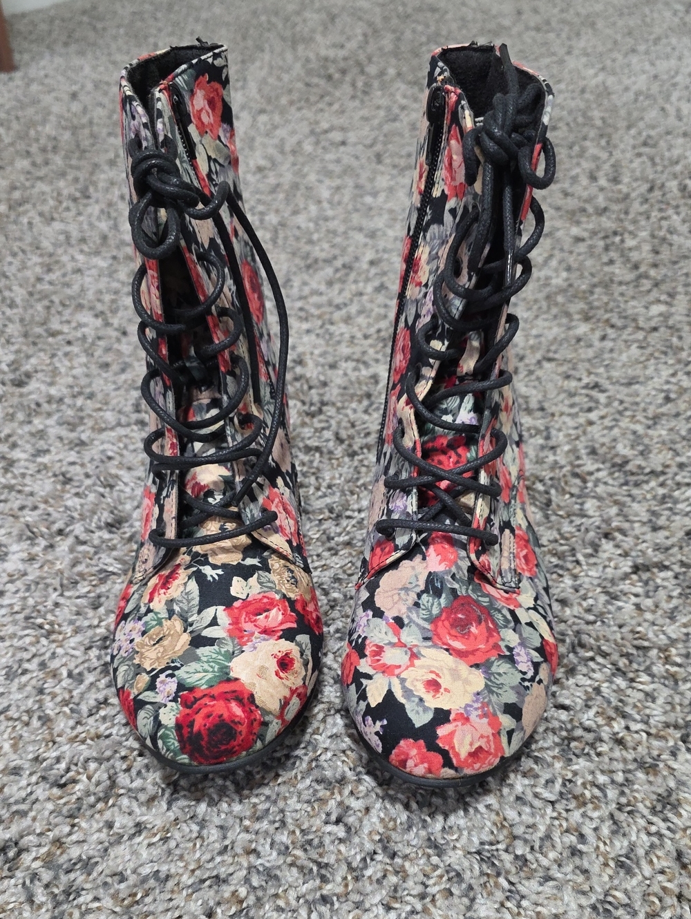 Bumper Floral Lace-Up Ankle Boots - Black with Red & Cream Blooms